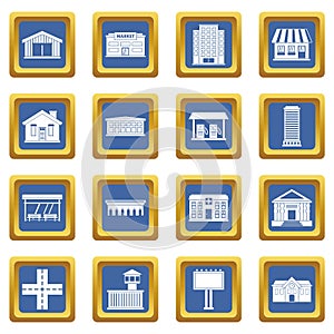 City infrastructure items icons set blue