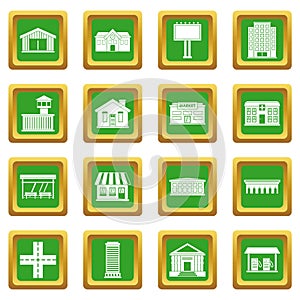 City infrastructure items icons set green