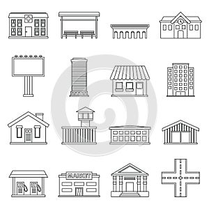 City infrastructure items icons set, outline style