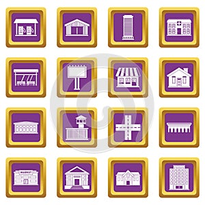 City infrastructure items icons set purple