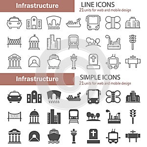 City infrastructure simple and line icons set for web and mobile design