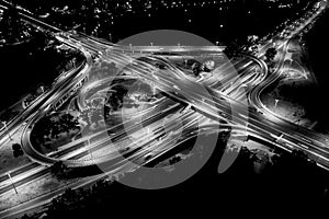 City interchange closeup at night , beautiful transport infrastructure background. Black and White. Aerial view