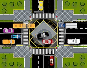 City intersection with a pedestrian crossing and traffic lights. Traffic Close-up with lawns. illustration