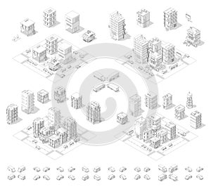 City isometric set. Cityscape infrastructure quarter. Town houses and streets with cars. Urban low poly. Gray lines outline
