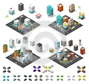 City isometric set. Cityscape infrastructure quarter. Town houses and streets with cars. Urban low poly. Vector illustration