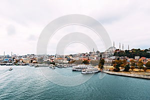 City Istanbul. Istanbul daytime landscape. View of the city. Galata Tower, Galata Bridge, Karakoy district and Golden Horn at dayt