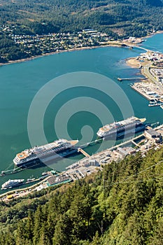 City of Juneau and cruise ship port from Mount Roberts tram. Juneau, Alaska, USA