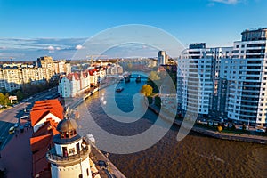 City Kaliningrad Russia Fishing Village sunset summer day pleasure tourist ship, aerial top view