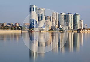 The city of Krasnodar, the Kuban River House reflection in the w