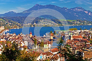 City and lake of Luzern panoramic aerial view