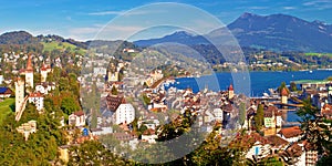 City and lake of Luzern panoramic aerial view