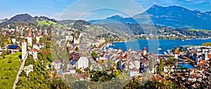 City and lake of Luzern panoramic view from the hill
