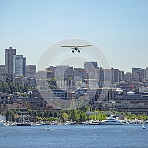 City lake and plane beneath clear blue sky