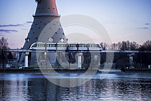 City land transport. Monorail rides near Ostankino pond and Ostankino television center. Moscow, Russia