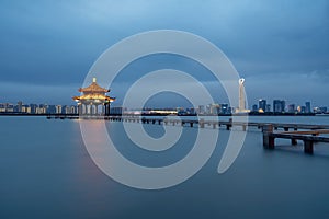 City landscape around the lake in Suzhou, China