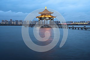 City landscape around the lake in Suzhou, China