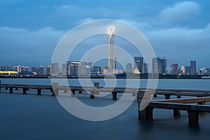 City landscape around the lake in Suzhou, China