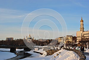 City landscape, Assumption or Dormition Cathedral Orthodox church and Sviato Pokrovskiy Holy Virgin Monastery