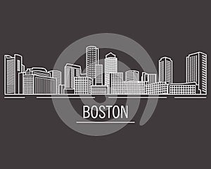 City landscape of Boston in linear flat style on a black background.