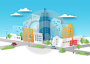 City landscape with buildings, houses, roads, streets, cars, vector paper cut illustration. Urban design, architecture.