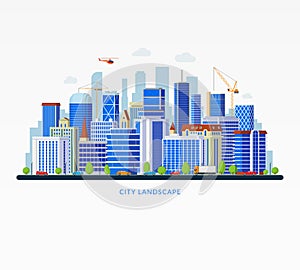 City landscape with business center, sky scrapers, buildings, road traffic. Vector illustration in flat style