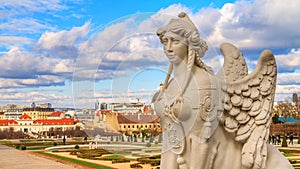 City landscape - close-up view of the Sphinx sculpture on the background of the Belvedere Gardens in the city of Vienna