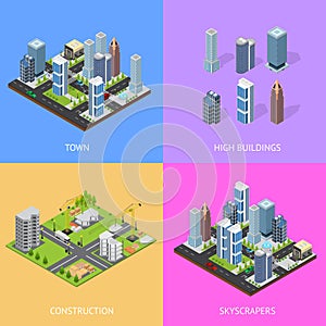 City Landscape Construction Building Poster Card Set Isometric View. Vector