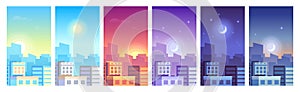 City landscape. Daytime cityscape sunrise, day, sunset and night city skyline, buildings in different time