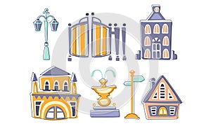 City Landscape Elements Set, Town Residential Houses, Fountain, Lantern, Signpost Hand Drawn Vector Illustration