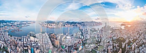 City landscape of the famous travel landmark, aerial view of Hong Kong, Victoria Harbour