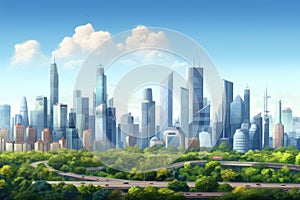 City landscape with highway and skyscrapers in the background illustration. CBD skyline full city view and tall financial