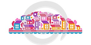 City landscape or hill town illustration in simple flat style. Vector design element with minimal geometric composition. Buildings