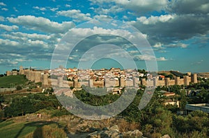 City landscape with large stone wall and towers at Avila