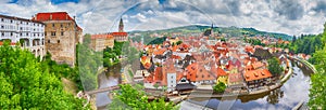 City landscape, panorama, banner - view over the historical part Cesky Krumlov with Vltava river in summer time