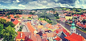 City landscape, panorama, banner - view over the historical part Cesky Krumlov with Vltava river in summer time