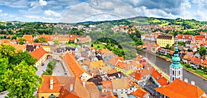 City landscape, panorama, banner - view over the historical part Cesky Krumlov with Vltava river