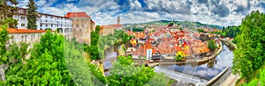 City landscape, panorama, banner - view over the historical part Cesky Krumlov with Vltava river