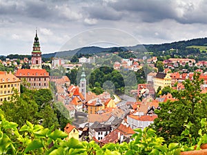 City landscape, panorama - view over the historical part Cesky Krumlov with Vltava river in summer time