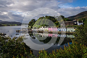 City landscape of Portree in the morning with a cloudy sky, Isle of Skye, Scotland, United K