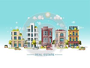 City landscape. Real estate and construction business concept. Flat vector illustration. 3d style.