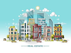 City landscape. Real estate and construction business concept. Flat vector illustration. 3d style.