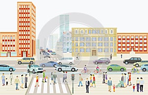 City landscape with road traffic and pedestrians on the zebra crossing, illustration