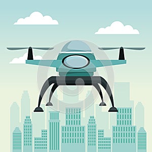 City landscape scene with drone with two airscrew flying