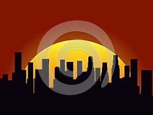 City landscape on a sunset background. Silhouette of skyscrapers and high-rise buildings. Sunrise or sunset. Vector