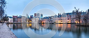 City Landscape, sunset panorama - view on pond Hofvijver and complex of buildings Binnenhof in from the city centre of The Hague
