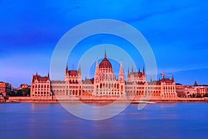 City landscape at sunset - view of the Hungarian Parliament Building in the historical center of Budapest