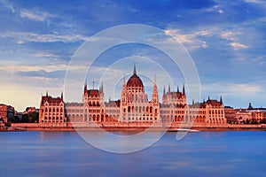City landscape at sunset - view of the Hungarian Parliament Building in the historical center of Budapest