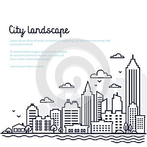 City landscape template. Thin line City landscape. Downtown landscape with high skyscrapers. Panorama architecture
