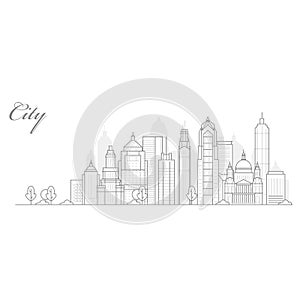 City landscape template, thin line cityscape, view of downtown with skyscrapers - urban megalopolis