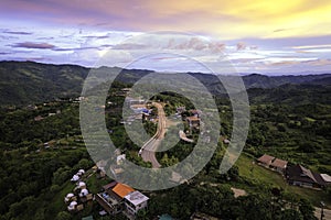 City landscape on the top view of mountain, green valley